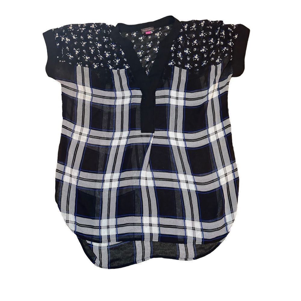 Vince Camuto Highlands Windowpane Plaid Dolman Sleeve V-Neck Top Sz M